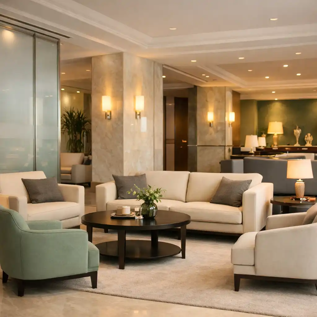 Jasne foyer i strefa rozmowy w eleganckim wnętrzu venue