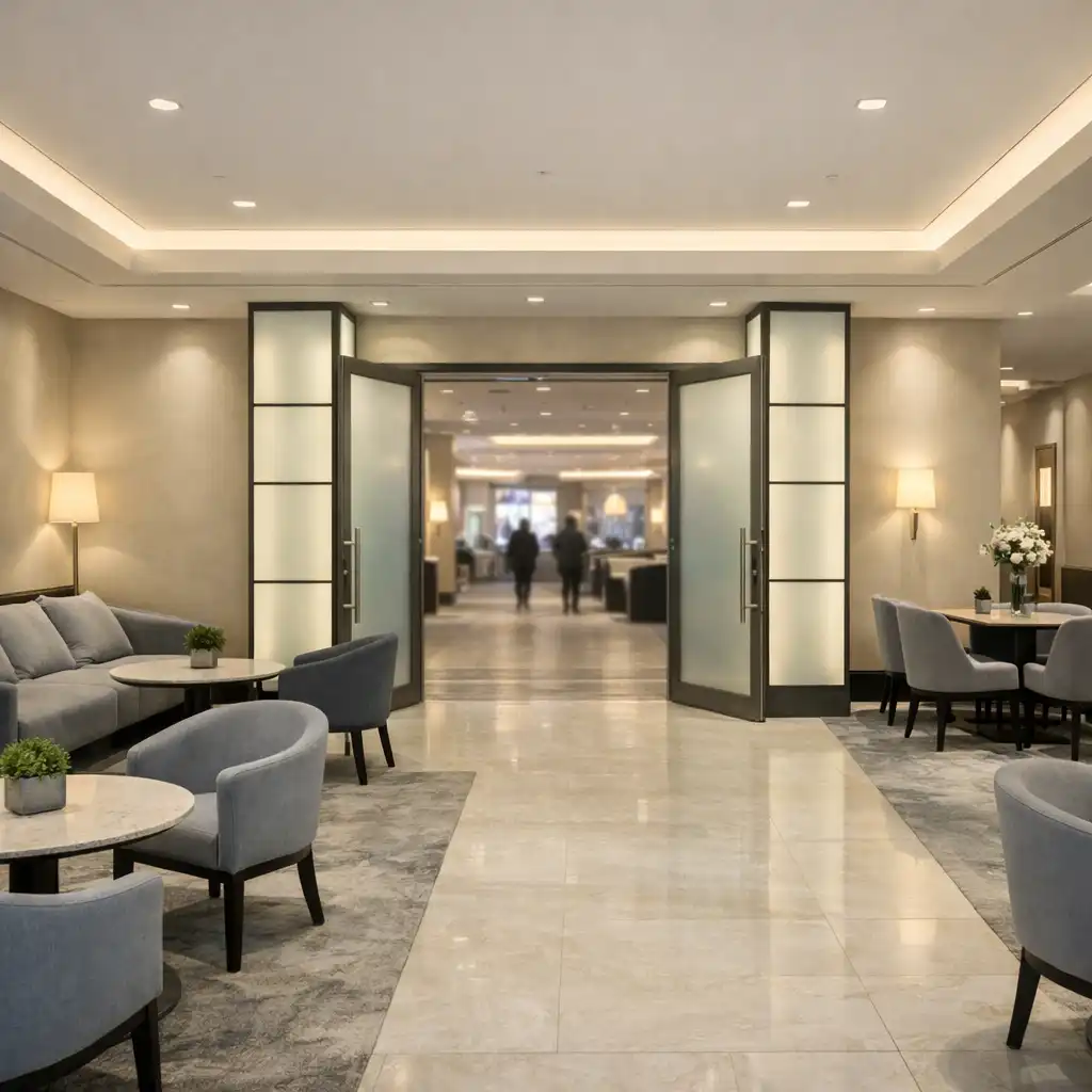 Jasne foyer venue z miękkimi krzesłami i mlecznym szkłem